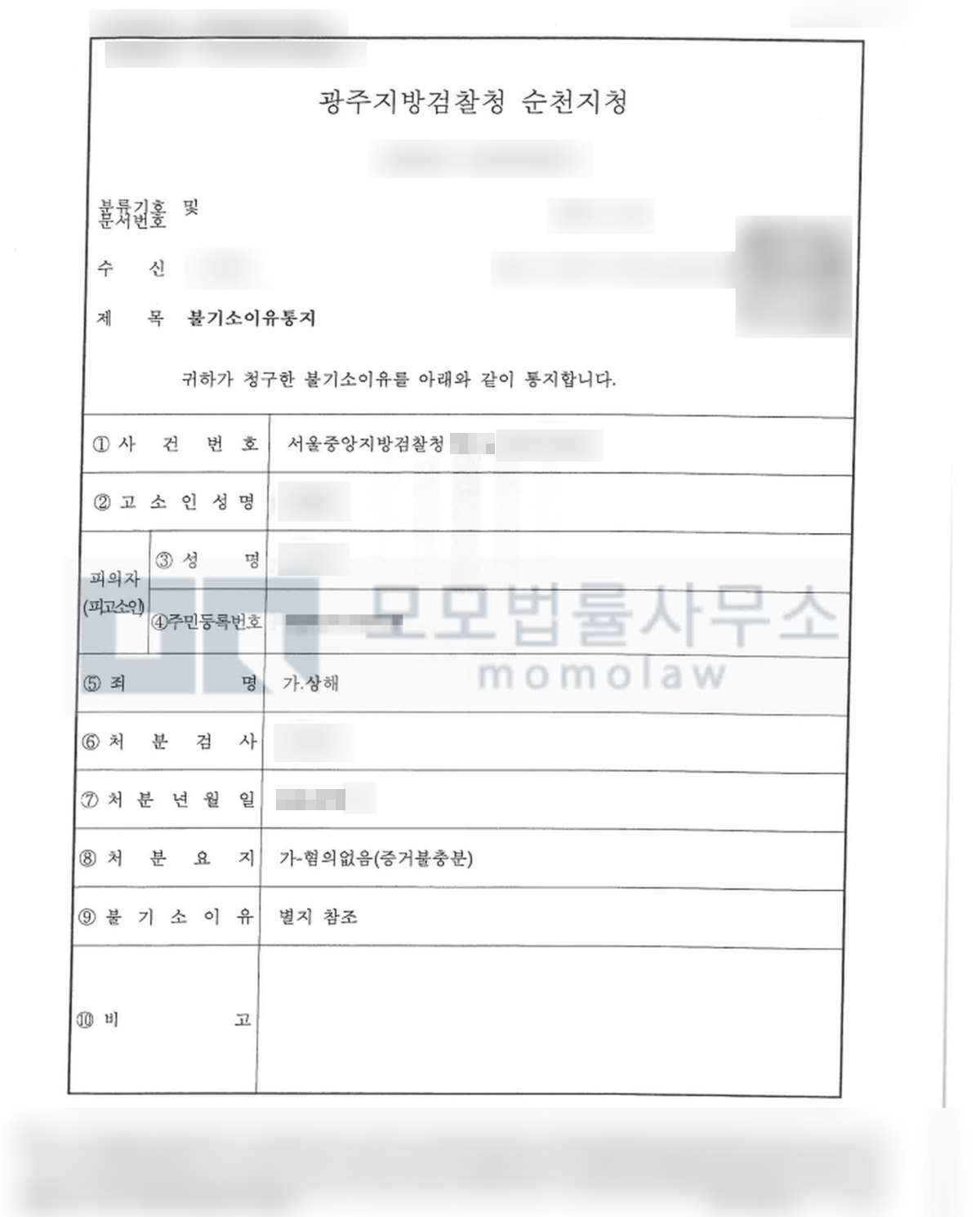 상해 사건의 상해 혐의없음 결과자료 — 모모법률사무소