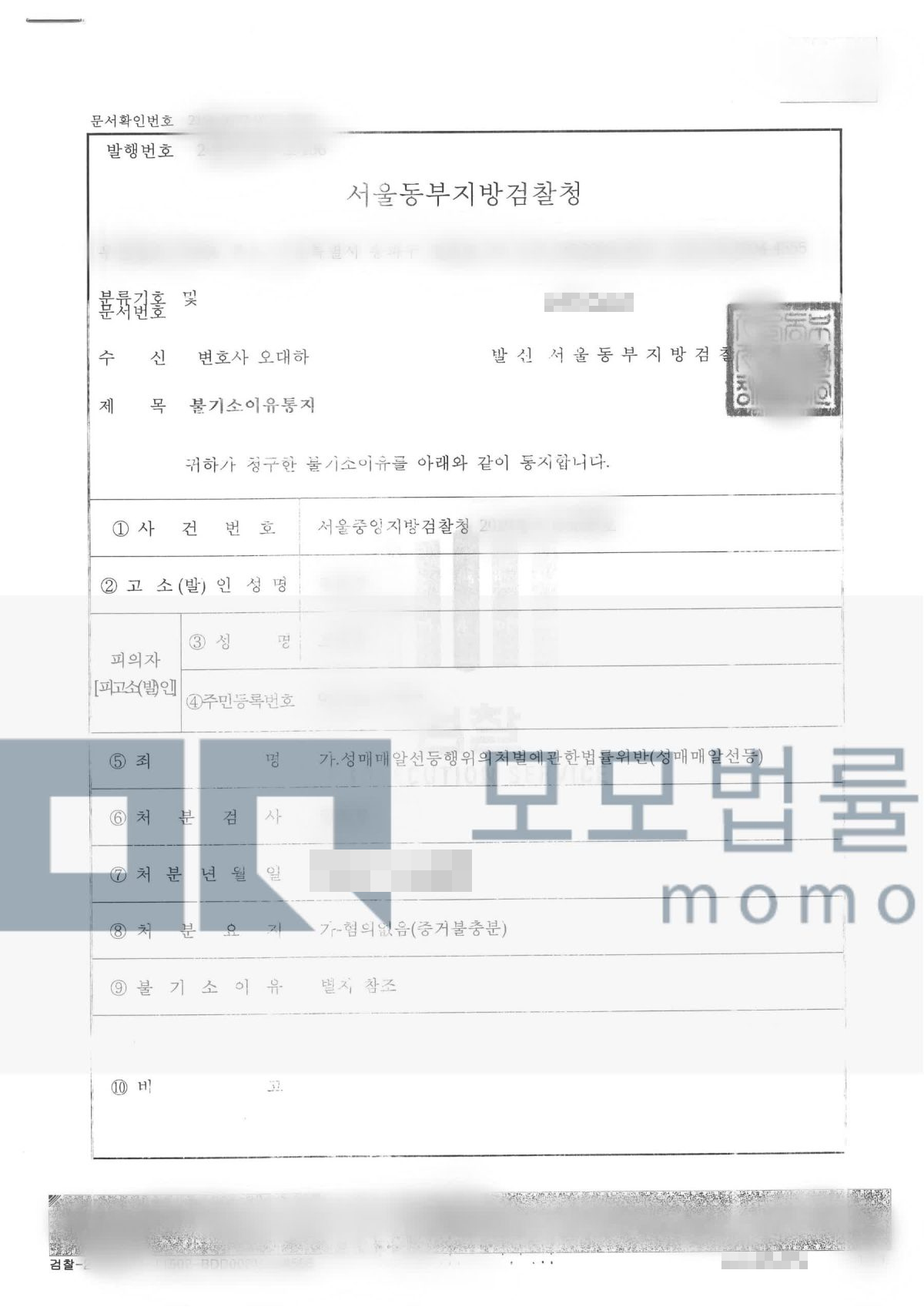 성매매알선 등 사건의 혐의없음(증거불충분) 결과자료 — 모모법률사무소