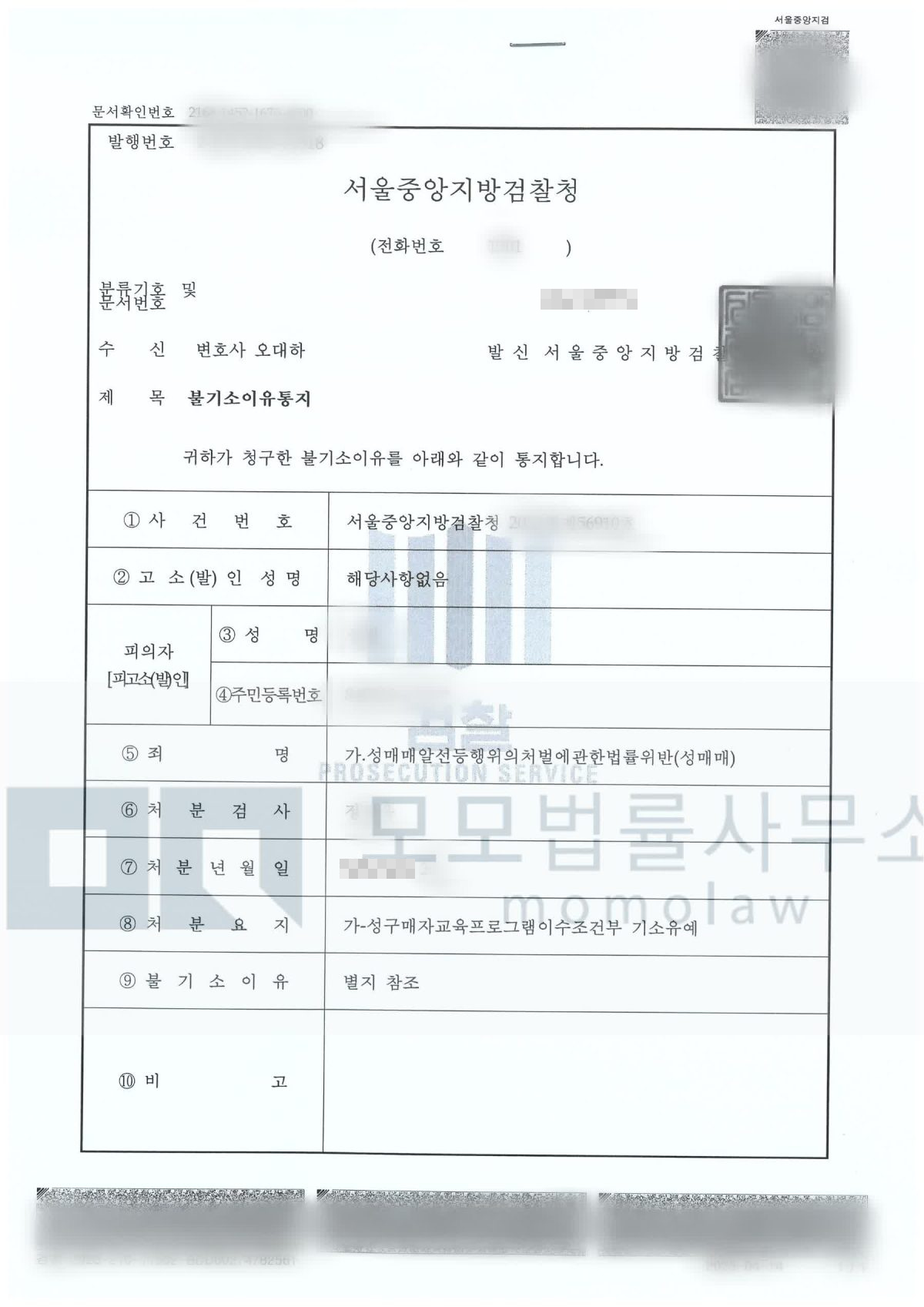 성매매 사건의 일반 성매매로 진행 후 기소유예 결과자료 — 모모법률사무소